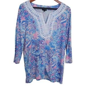 Talbots Large Lace Trim Tunic Flowing Floral Pink Blue Print‎ Split Neck Coastal